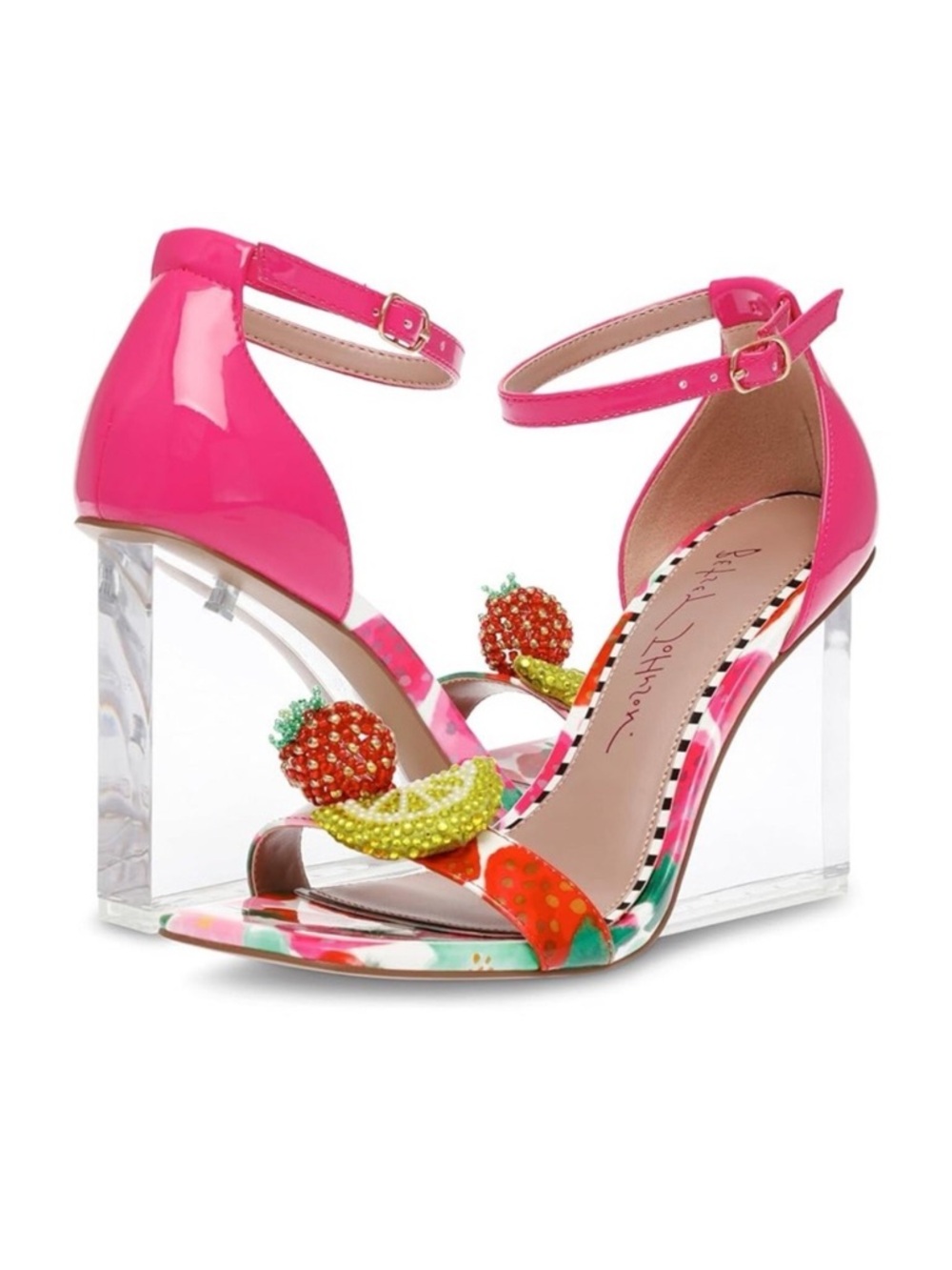 Betsey Johnson Harlan Berry Multi Hot Pink Lucite Wedge Sandals - Sz 8.5